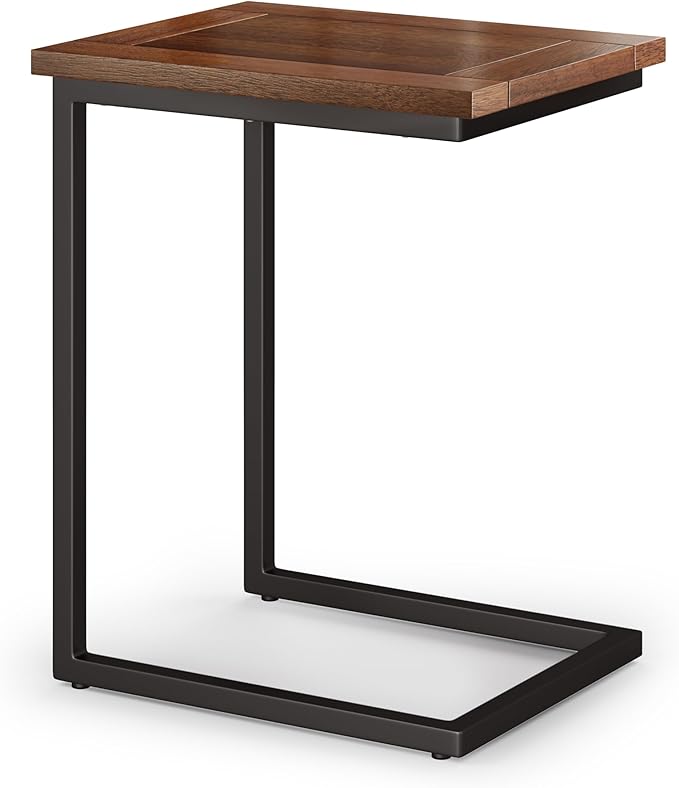 SIMPLIHOME Skyler 16-inch Wide Solid Mango/Metal Industrial C-Shaped End Table in Dark Cognac Brown/Black for Living Room, Office, or Bedroom, Assembled