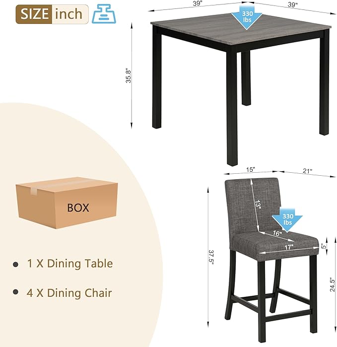 KEIKI 5-Piece Counter Height Dining Table Set with Square Table and 4 Upholstered Curved Backrset Chair, for 4 Person, Modern Wooden Table Set, Easy Assembly, for Kitchen, Dining Room, Black+Gray