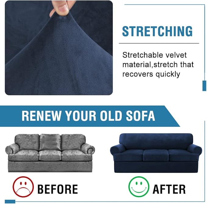 H.VERSAILTEX Sofa Slipcovers - Thick Velvet Couch Covers for 3 Cushion Couch with 3 Individual T Cushion Covers, Navy