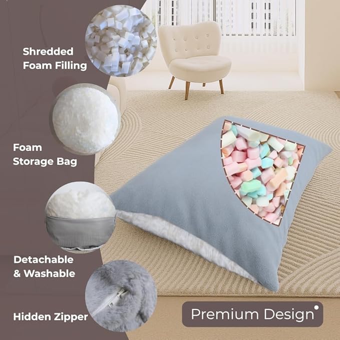 Wonder Space Bean Bag Chair – Soft Foam Filling | Removeable & Washable Cover | Ultra-Soft Plush Fabric - Minimalist Floor Cushion for Kids & Adults, Gaming, Reading and Relaxing, Grey