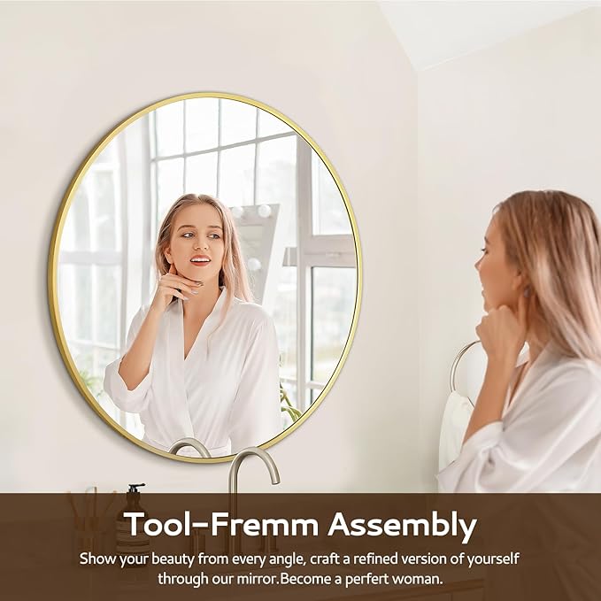 Round Mirrors for Wall Decor 28 Inch Gold Mirror Round Bathroom Mirror Matte Gold Wall Mirror Brushed Metal Frame Anti-Rust Tempered Glass for Bathroom Bedroom Living