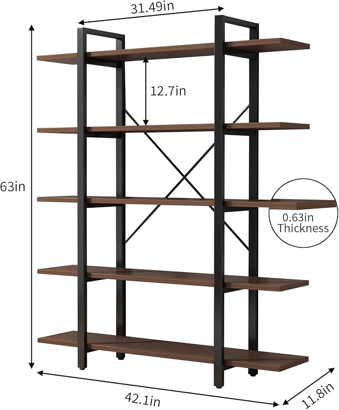 Industrial Bookshelf with 5 Shelves, Solid Wood core Bookcase,Walnut Wood and Black Metal Frame, Large Open Storage Display Unit (Dark Walnut, 5 Tiers)