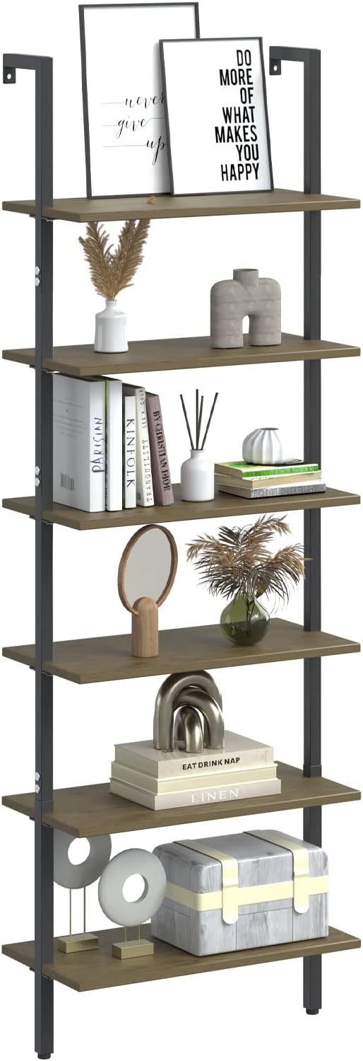 Ladder Shelf Black 6 Tiers Modern Bookshelf Room Organizer Open Tall Wall Mount Bookcase Standing Leaning Wall Shelves Industrial Decorative Living Room Bed Room (Brown)