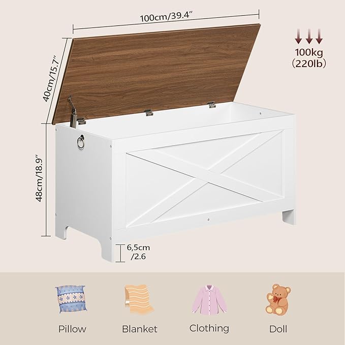 39.4" Toy Chest, Sturdy Entryway Storage Chest with Safety Hinges, Retro Toy Box, Wooden Look Accent Furniture for Living Room, Bedroom, White+Walnut SCBZ48101