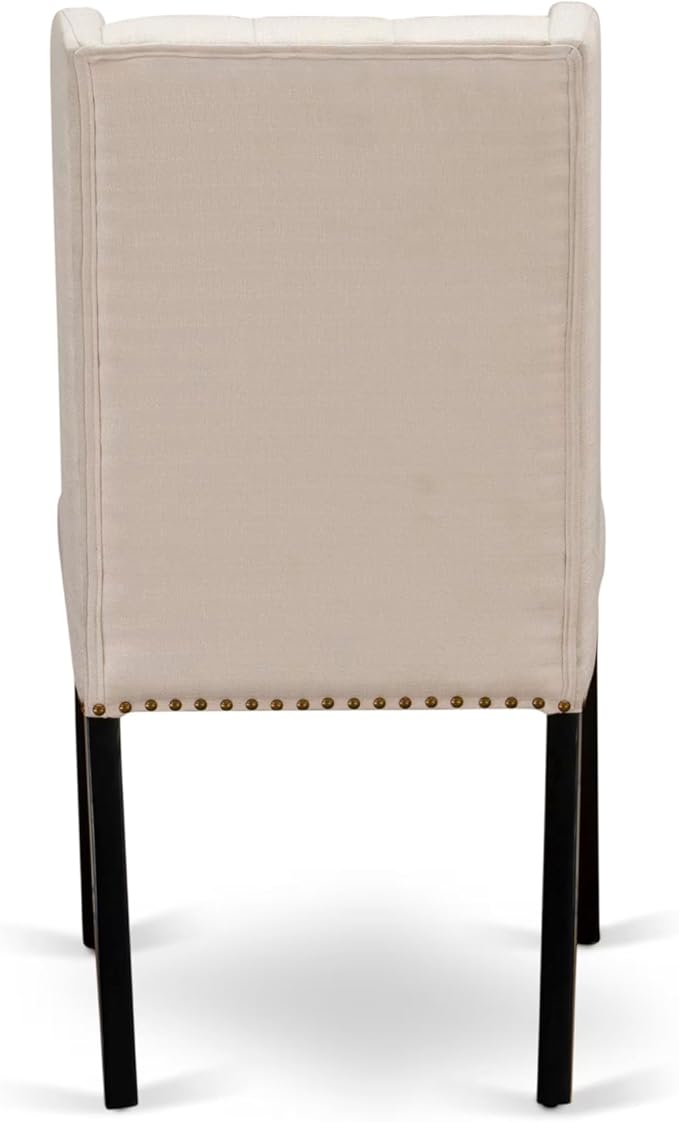 NKFO7-SBB-01-7-Piece Dining Set Consists of a Dining Table and 6 Cream Linen Fabric Kitchen Chairs & Black Legs with Button Tufted Back - Sand Blasting Black Finish.