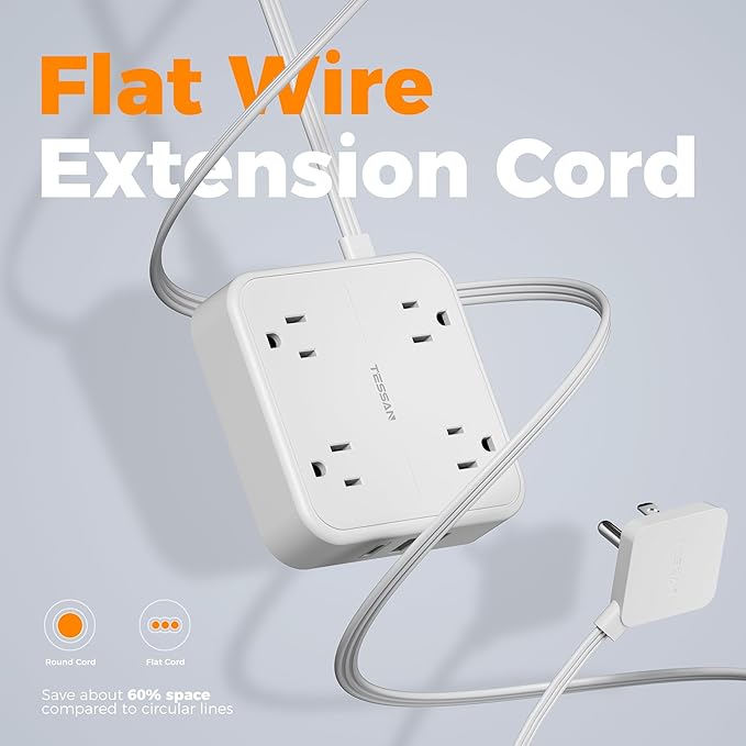 Surge Protector Flat Extension Cord 5FT, TESSAN Flat Plug Power Strip with 4 Outlets 3 USB C Ports (1 USB C), 900 Joules Protection, Multiple Wall Outlet Extender Suitable for Home Office Dorm, White