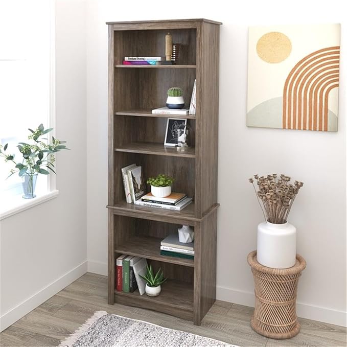 Prepac Sonoma Tall 6-Tier Bookcase 80"H with 2 Adjustable Shelves, Drifted Gray Storage Cabinet, Modern Display Cabinet, Bookshelf with Storage Shelves for Home Office, Living Room, Bedroom Organizer