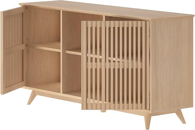 Plank+Beam Mid-Century Modern Wood TV Stand, Solid Wood Entertainment Console with Storage, 59" L x 16" W x 30" H, Blonde