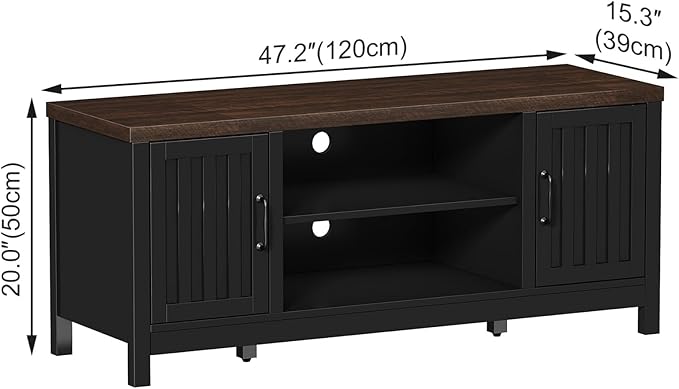 ChooChoo Farmhouse TV Stand for Televisions up to 55 inches, Entertainment Center Console Table Media Furniture with Storage Cabinets and Open Shelves, Fluted Door, for Living Room Bedroom, Black