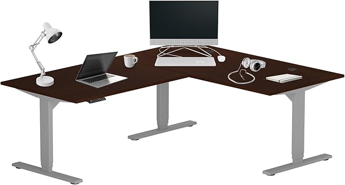 Progressive Desk Height Adjustable Computer Standing Desk - L Shaped 70" x 55" Corner Electric Stand Up Rising Workstation - Roasted Walnut, Gray Frame