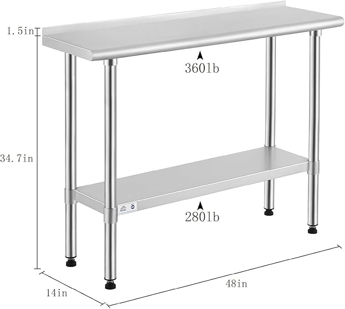ROCKPOINT Stainless Steel Table for Prep & Work with Backsplash 14x48 Inches, NSF Metal Commercial Kitchen Heavy Duty Table with Adjustable Under Shelf and Table Foot for Restaurant, Home and Hotel