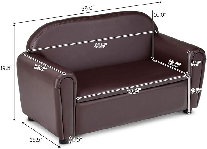 Costzon Kids Couch, 2 in 1 Double Seat Children's Sofa w/Under Seat Storage, PU Leather Surface, Toddler Armrest Chair, Kids Room, Soft Sofa with Storage for Preschool Baby Boys Girls Gifts