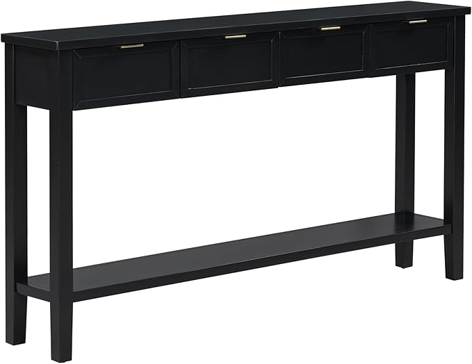 Ball & Cast 60“ Contemporary 4 Drawers Console Table, Long Narrow Entryway-Table with Drawer & Shelf, Modern Storage Sofa Tables, Farmhouse Wood Couch-Tables for Entrance Hallway Living,Black