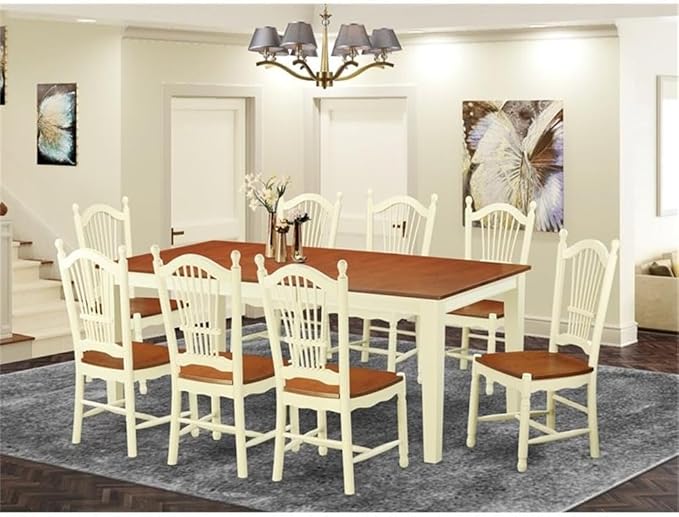 East West Furniture QUDO9-WHI-W 9 Piece Kitchen Table Set Includes a Rectangle Dining Table with Butterfly Leaf and 8 Dining Room Chairs, 40x78 Inch, Buttermilk & Cherry