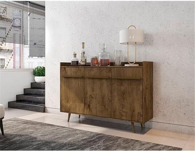 Manhattan Comfort Bradley Buffet Cabinet with Storage, Mid Century Modern Sideboard with 4 Shelves and Soft Close Doors, TV Stand Media Console for up to 50" Screens, 53.54" Long, Rustic Brown