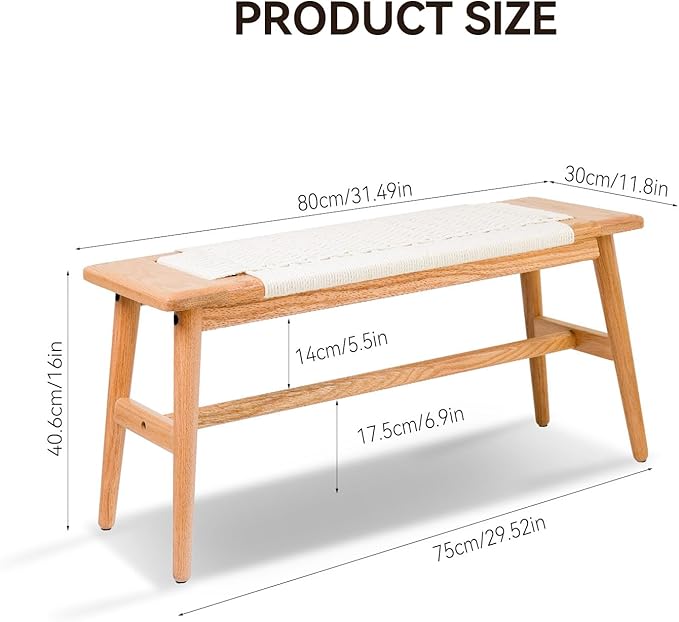 Solid Wood Entryway Bench, Wooden Dining Benches for 2, End of Bed Bench w/Hand-Woven Rope for Bedroom Kitchen Dining Room Living Room Entry Décor (White Rope, 31.49" L)