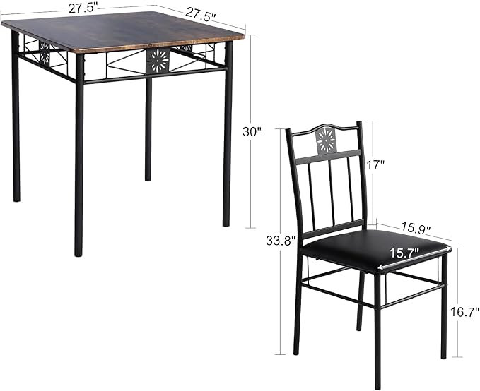 VECELO 3-Piece Dining Room Wooden Kitchen Table and Pu Cushion Chair Sets for Small Space, Retro Brown