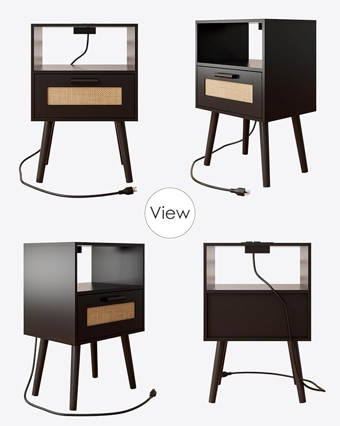 Bedroom Nightstands Wooden Night Stands with Rattan Weaving Drawer Home Bedside End Table for Bedroom Storage (Modern-Black)