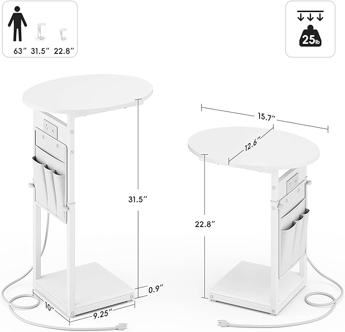 Vagusicc C Shaped End Table with Charging Station, 32" Tall Side Table for Couch and Recliner, Adjustable Height Small Couch Side Table Slide Under Sofa TV Tray Table for Living Room, Bedroom, White