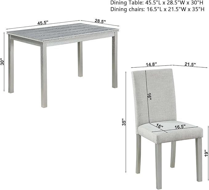 Dining Table Set for 4, 5-Piece Dining Room Table Set with Rectangular Crystal Decoration Table & 4 Upholstered Backrest Chairs, Counter Height Kitchen Sets with MDF Tabletop, Silver Gray