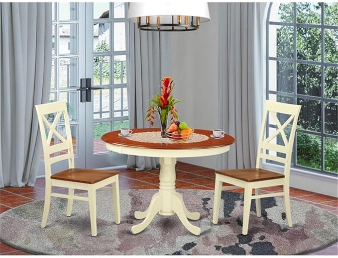 East West Furniture HLQU3-BMK-W 3 Piece Dining Room Table Set Contains a Round Kitchen Table with Pedestal and 2 Dining Chairs, 42x42 Inch, Buttermilk & Cherry