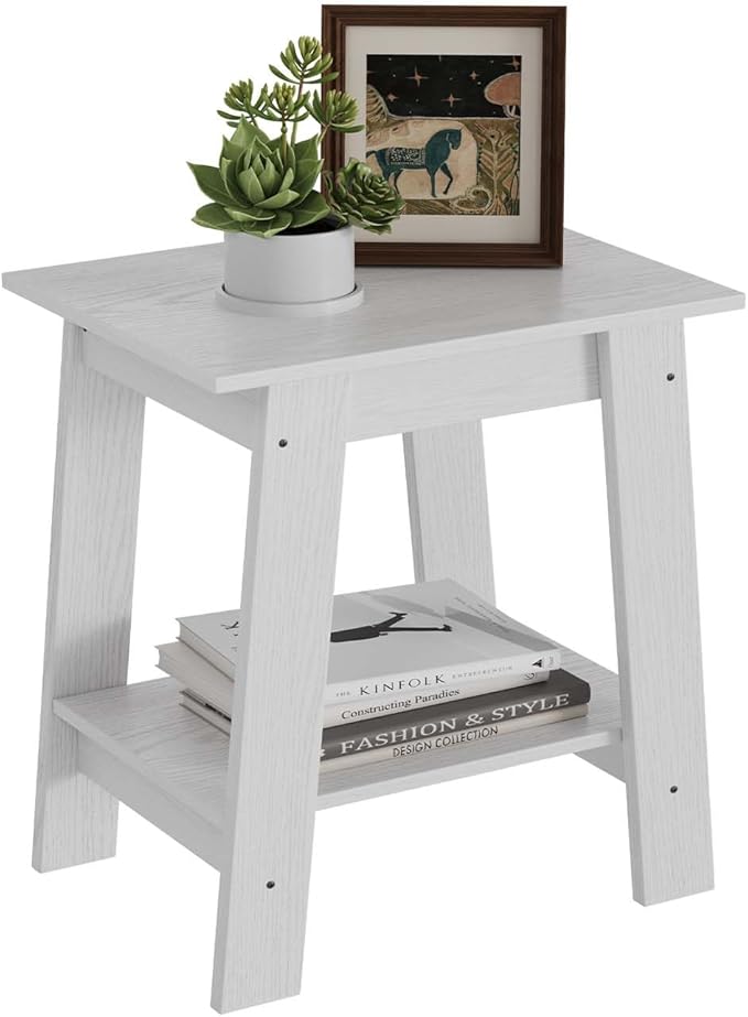 End Table with Double Storage Shelves, Small Space Side Table for Farmhouse Bedroom, Studio Apartment, Entryway， White