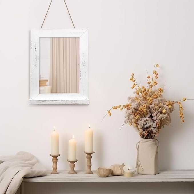QDSSDECO 16"×20" Wall Mirror with Shelf Farmhouse Decor Rectangular Mirror Hanging for Bathroom, Vanity, Bedroom, Entryway, Living Room,White with Hemp Rope