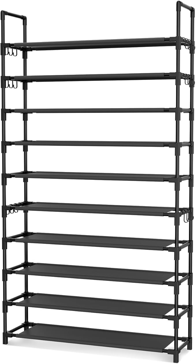 Tall Shoe Rack 10 Tier Shoe Organizer Large Shoe Shelf with 18 Hooks Storage for 50 Pair Sneaker and Boot, Stackable Vertical Shoe Rack Organizer for Closet, Entryway, Bedroom