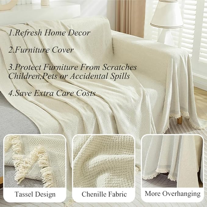STACYPIK Modern Beige Couch Covers for Dogs Cats Thick Chenille Ivory White Sofa Cover Sofa Slipcover Furniture Protector for 3 Cushion Couch with Tassel Non-Silp Futon Cover Sofa Protector-71X150IN