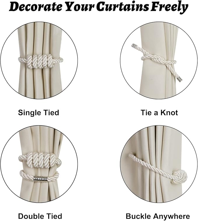 BEL AVENIR Magnetic Curtain Tiebacks, Decorative Drapery Holdbacks Modern Woven Tie-Backs with Exquisite Knot (Beige, 4 Pack)