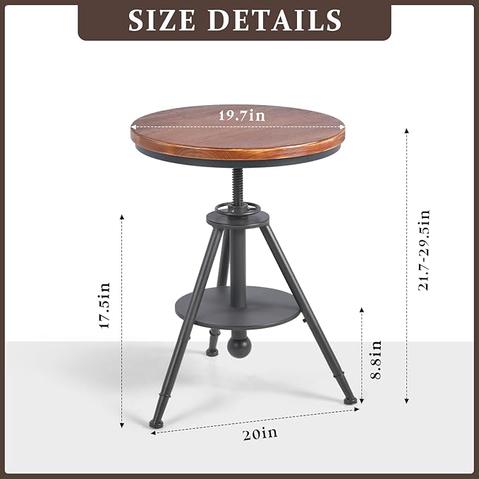 Dia 19.7" Round Pub Table Height Adjustable with 360 Swivel Solid Wood Tabletop for Dining Bistro Cafe Home Bar, Rustic Brown