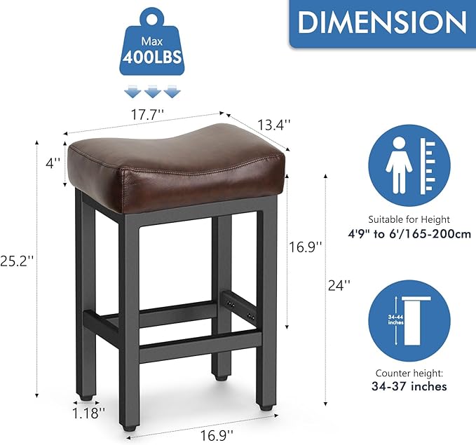 Counter Height Bar Stools Set of 2, 24 Inch Barstools for Kitchen Island Counter, Bonded Leather Kitchen Stools with Thick Saddle Seats & Heavy Duty Metal Base, Easy Assembly, Brown/Black