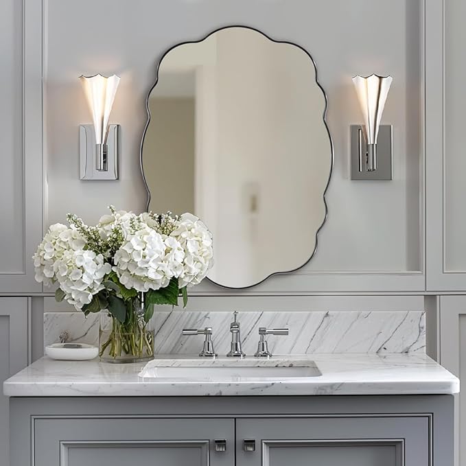 ANDY STAR Brushed Nickel Bathroom Mirror, 24x32 Inch Silver Asymmetrical Wall Mirror, Oval Bathroom Vanity Mirror, Unique Irregular Wall Mirror with Sophisticated Curved Design