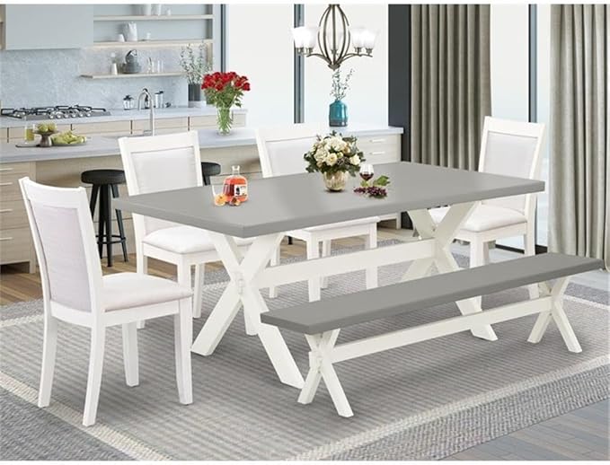 East West Furniture X097MZ001-6 6 Piece Kitchen Table Set Contains a Rectangle Dining Table with X-Legs and 4 Cream Linen Fabric Upholstered Chairs with a Bench, 40x72 Inch, Multi-Color