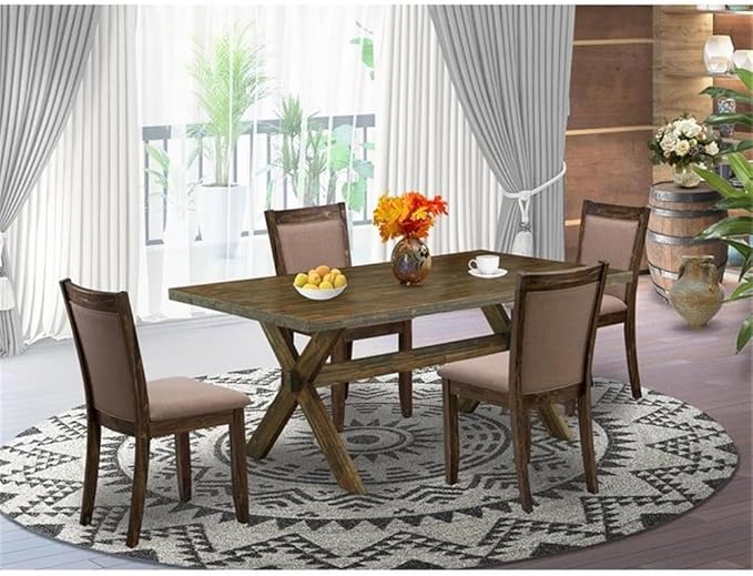 East West Furniture X777MZ748-5 5 Piece Kitchen Table & Chairs Set Includes a Rectangle Dining Room Table with X-Legs and 4 Coffee Linen Fabric Upholstered Chairs, 40x72 Inch, Multi-Color