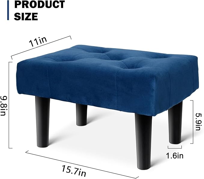 HOUCHICS Small Footstool Ottoman, Velvet Wooden Foot Stool Ottoman with Wood Legs, Sofa Footrest Extra Seating for Living Room Entryway Office(Blue 1PACK)