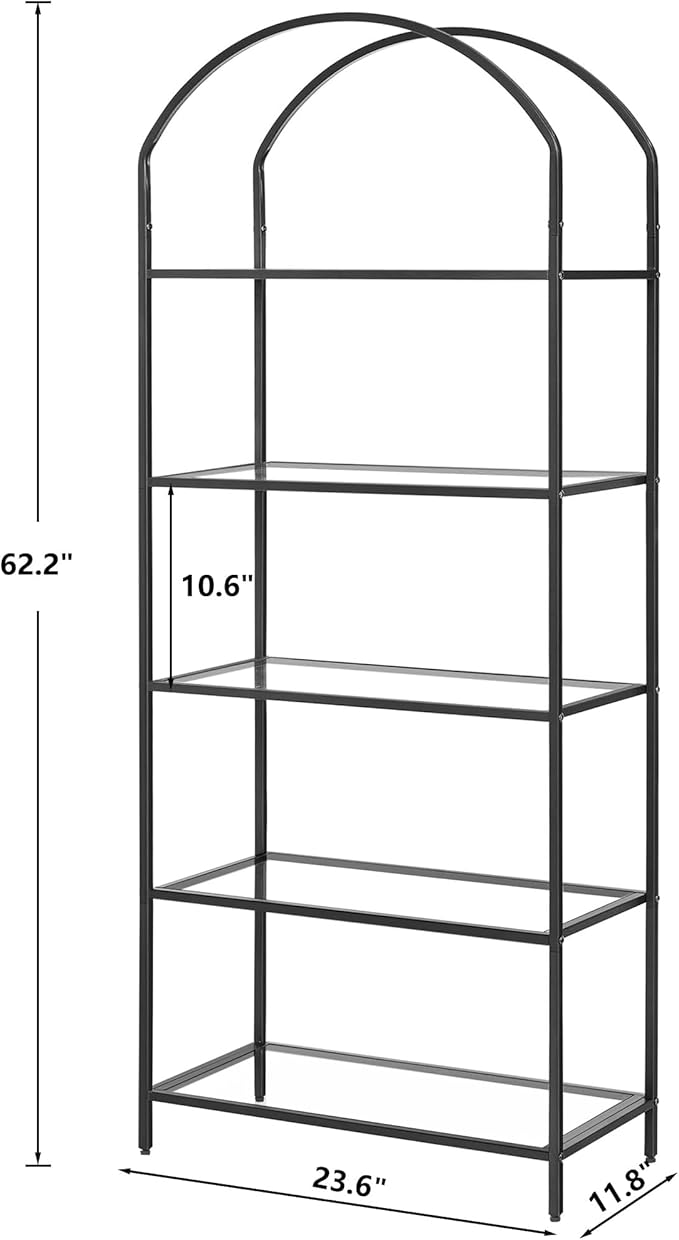 Homhedy Bookshelf Arched Display Racks,Metal Bookcase,Tempered Glass Shelves,Storage Rack Shelf for Home Office,Living Room,Bedroom, Bathroom,Modern Style (Black, 11.8" D x 23.6" W x 62.2" H)