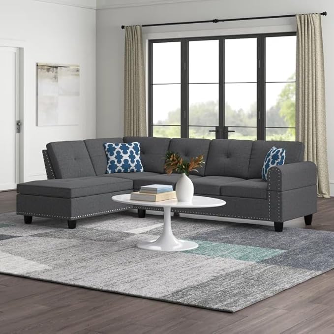 Ball & Cast 98" L Shaped Modular Sectional Couch for Living Room,4 Seat Linen Upholstered Sectional Sofa Set 2 PCS with Chaise,Coffee Table,Cup Holder,Pillows & Nailhead Trim for Home,Office,Dark Gray