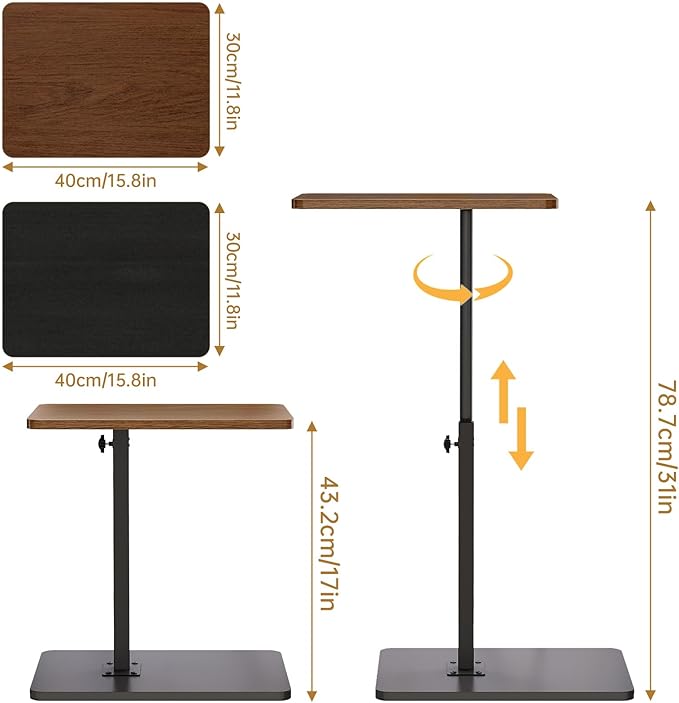 NiHome Minimalist Height Adjustable End Table, 360° Rotatable Sofa Armrest Side Tray Table, Adjustable Legs Space-Saving Couch Bedside Bathtub TV Tray C-Shaped End Table Snack Table for Eating (Brown)