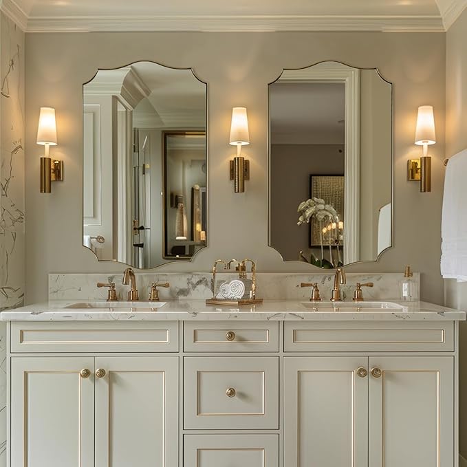 Gold Bathroom Mirror, 24"x40" Gold Asymmetrical Mirror with Scalloped Edge Design, Curved Mirror in Anti-Rust SUS304, Thin Metal Framed, 1" Deep Wall Mounted Vertically/Horizontal