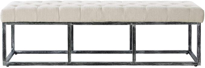 24KF Upholstered Tufted Long Bench Seats with Metal Frame Leg, Linen Bench Ottoman with Padded Seat-Ivory