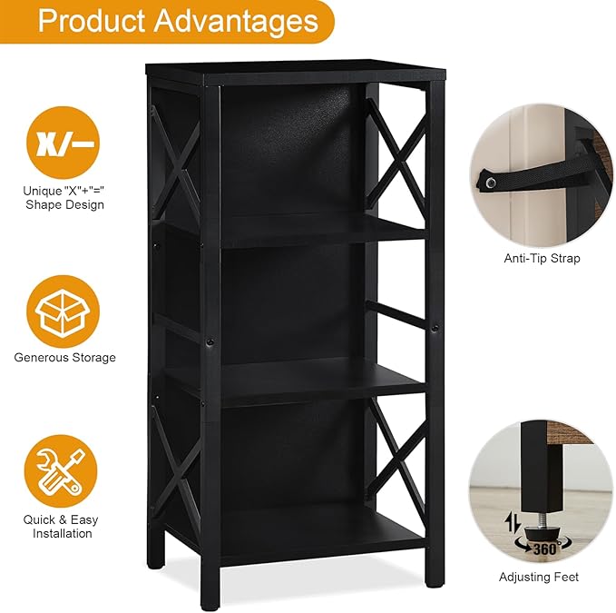 Small Bookshelf,4 Tier Industrial Bookcase with Metal Frame and Backboard,Narrow Black Book Shelf,Office Book case for Small Spaces,Living Room,Bedroom and Home Office