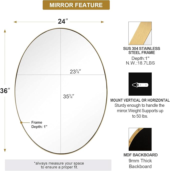 ANDY STAR Gold Oval Mirrors for Bathroom, 24x36 Inch Brushed Gold Stainless Steel Metal Framed Oval Wall Mirror, Modern Vanity Mirror Wall Mount Horizontal or Vertical