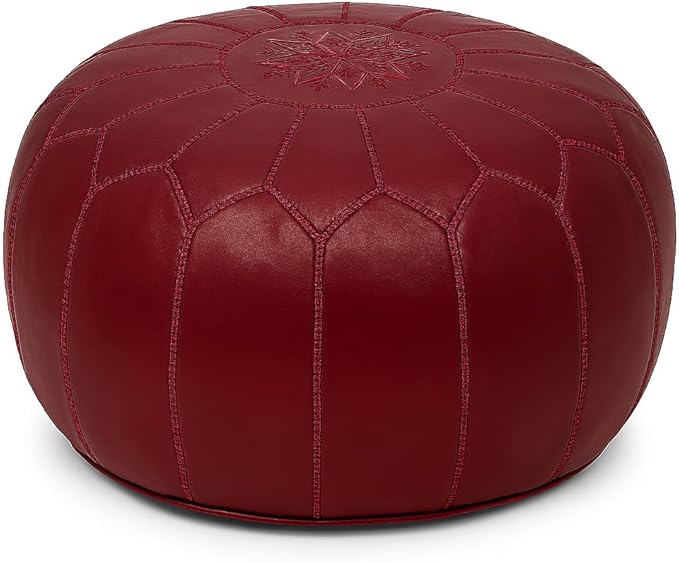 Stuffed Round Design Moroccan Leather Pouf Ottoman, Handmade, Pre-Filled, 100% Genuine Leather, 13” Height x 20” Diameter, Footstool & Living Room Décor (Garnet)