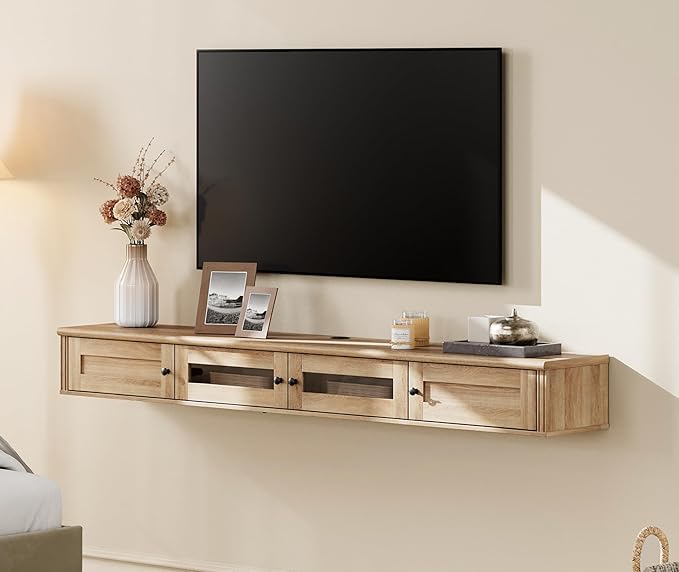 WAMPAT Floating TV Stand for TVs up to 80 Inch, Wooden Floating TV Shelf with Storage Cabinet, Modern Floating TV Shelf Entertainment Center for Living Room, Oak