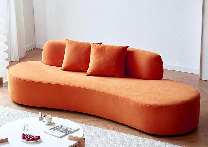 Container Furniture Direct 90" Curved Sofa with Throw Pillows, 4 Seater Luxury Velvet Couch with Half Moon Design and High-Density Foam, Ideal for Modern Living Room, Office & Apartment, Red Orange