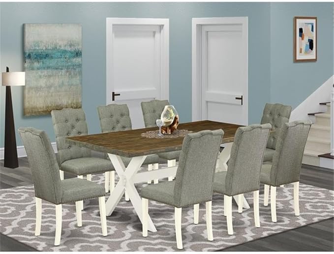 East West Furniture X077EL207-9 9 Piece Kitchen Table Set Includes a Rectangle Dining Table with X-Legs and 8 Gray Linen Fabric Parson Dining Room Chairs, 40x72 Inch, Multi-Color