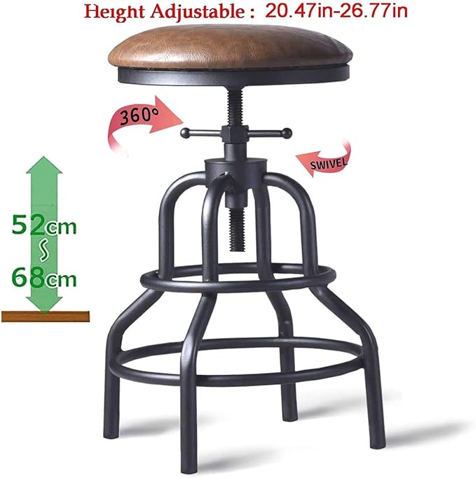 Diwhy Industrial Vintage Counter Stool, Kitchen Counter Height Adjustable Swivel Chair, Metal Frame Stool, 20.47-26.77 Inch, Fully Welded Base, Brown PU Upholstered, Set of 2