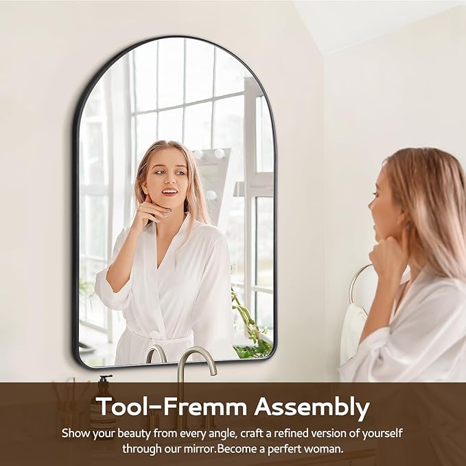 Arched Wall Mirror 24"X36", Black Bathroom Vanity Mirrors for Over Sink, Modern Farmhouse Mirror Wall Mounted, Curved Arch Design for Bedroom, Living Room & Home Decor