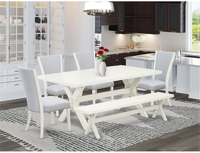 East West Furniture X027VE005-6 6 Piece Kitchen Table & Chairs Set Contains a Rectangle Wooden Table and 4 Grey Linen Fabric Parson Chairs with a Bench, 40x72 Inch, Multi-Color